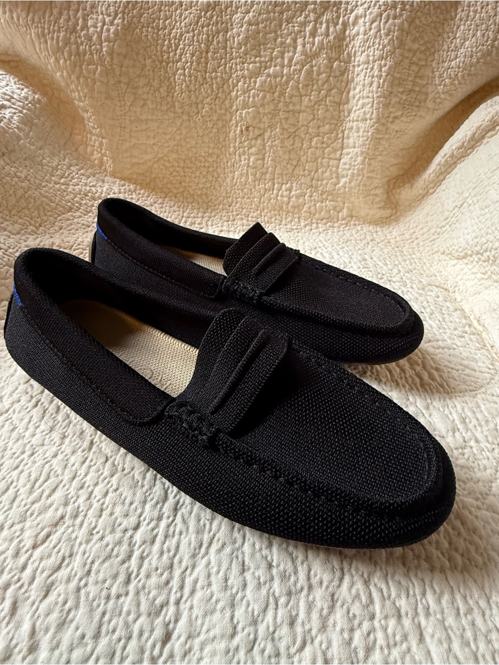 Rothy’s The Driver Black Knit Driving Loafers Blue Trim Size